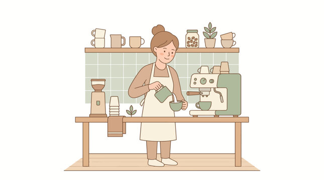 Female barista preparing a latte at a cozy coffee shop counter