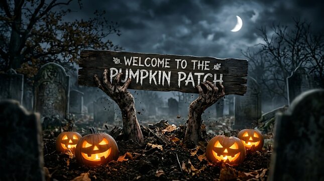 Spooky Halloween Pumpkin Patch Sign Held by Zombie Hands in Moonlit Graveyard