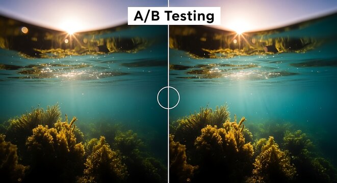 A split-screen comparison of two underwater scenes with coral reefs and sunlit water