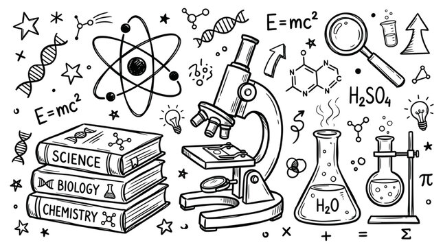 Science and education laboratory doodles with microscope and books