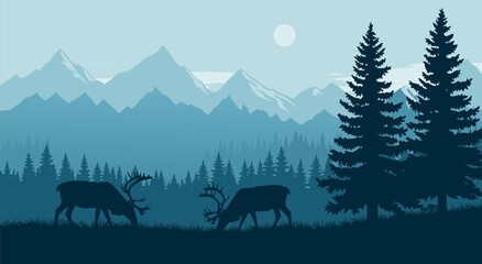 A serene vector illustration featuring majestic reindeer grazing in a tranquil wilderness forest with snowy mountain peaks in the background © DOLARRIZ JHON