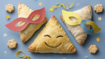 Fototapeta premium Smiling pastry with masquerade masks celebrating festive party delights