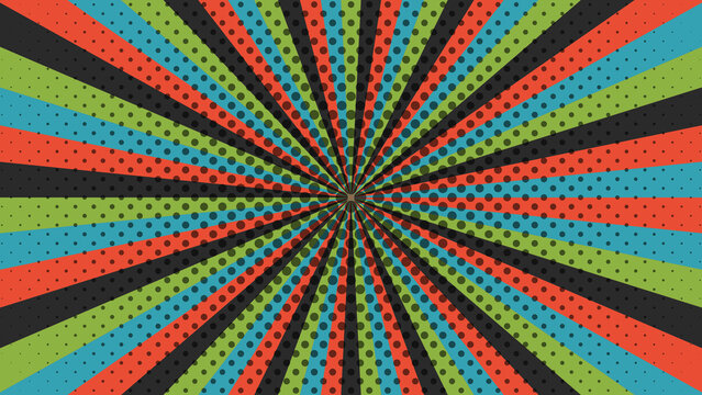 Colorful retro pop art sunburst with halftone dot pattern