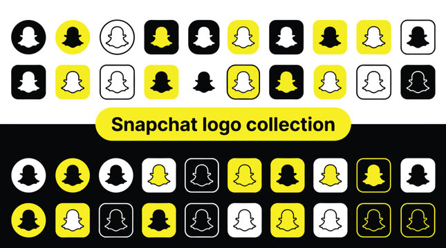 Snapchat logo icon vector set with various ghost brand symbols in yellow black and white colors.