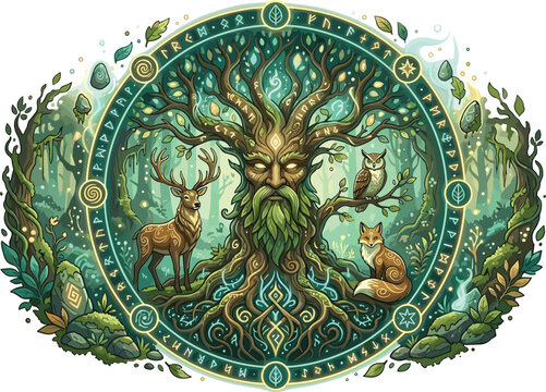 Mystical tree of life with ancient man face celtic runes deer owl fox in magical forest vector illustration