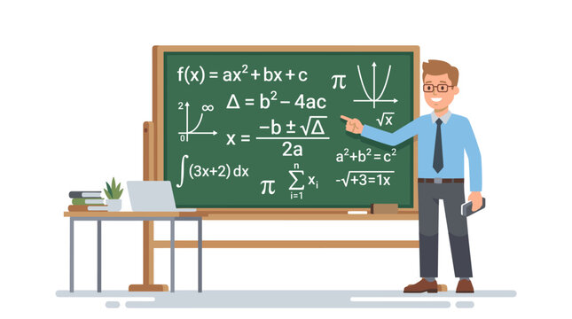 Teacher explaining algebra formulas on a green chalkboard