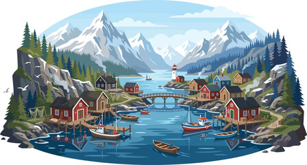 Scenic Nordic fishing village vector illustration with coastal rorbu cabins lighthouse boats fjord water and snow mountains background © Kulsum
