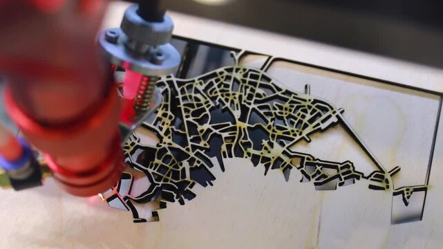 Laser cutting detailed map outline on wood material close up moving shot.