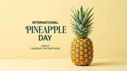 Fresh whole pineapple on light yellow background for international pineapple day