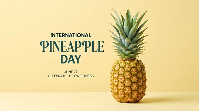 Fresh whole pineapple on light yellow background for international pineapple day