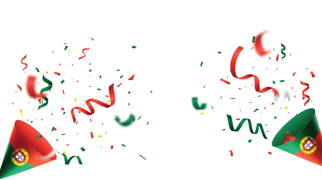 Portugal flag color bursting party popper with red and green confetti, for celebrations and advertising banner	