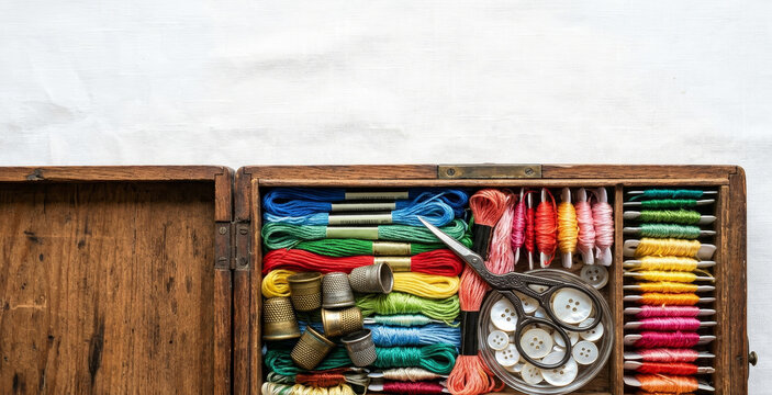 Vintage Wooden Sewing Box Filled with Colorful Embroidery Threads, Scissors, Buttons and Thimbles, Organized Needlework Supplies Collection