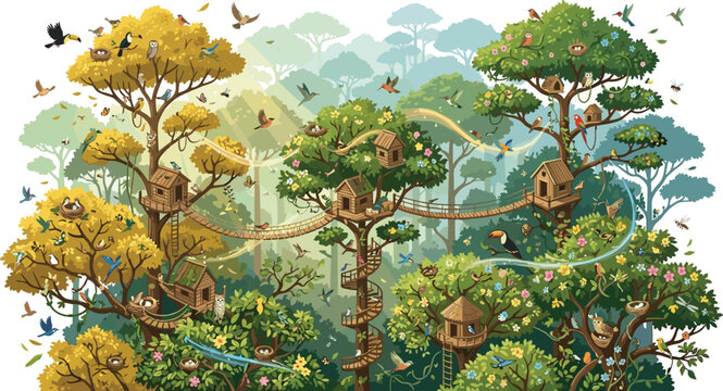 Tropical rainforest jungle canopy with wooden birdhouses treehouses flying exotic birds nests and rope bridges vector illustration