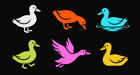 Obraz premium Modern Minimalist Duck Logo Set - Colorful Geometric Waterfowl Silhouette and Icon Collection for Farming and Hunting Branding, Stylized Goose Poses Vector Illustration