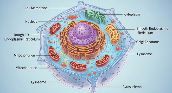 Colorful Labeled Animal Cell Diagram Showing Organelles on Blue Scientific Background