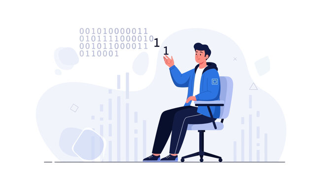 Young man in a blue jacket sitting in an office chair and interacting with binary code, representing data analysis or programming.