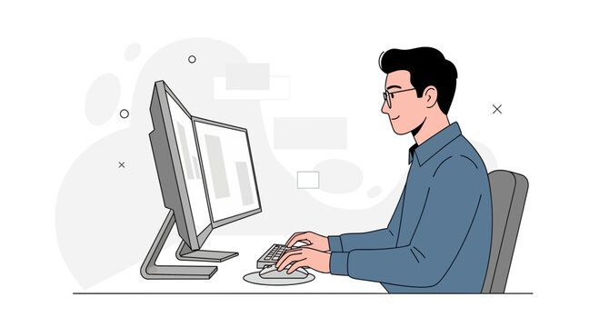 Young man in glasses working on a computer, flat design vector illustration, concept of technology and productivity