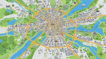 Fototapeta premium A detailed map of a city with roads, rivers, and landmarks in a green landscape.
