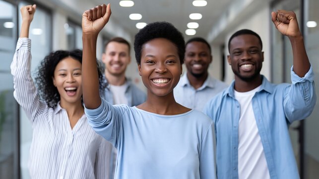 Diverse business team celebrating success with raised fists and big smiles in office. Multiracial colleagues cheering together, teamwork victory concept.