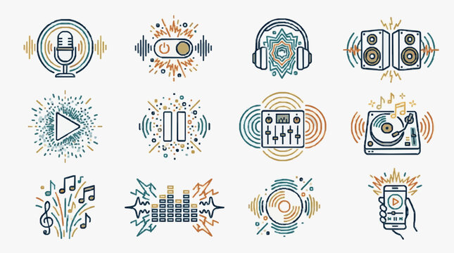 Colorful Music and Audio Player Icons Set.