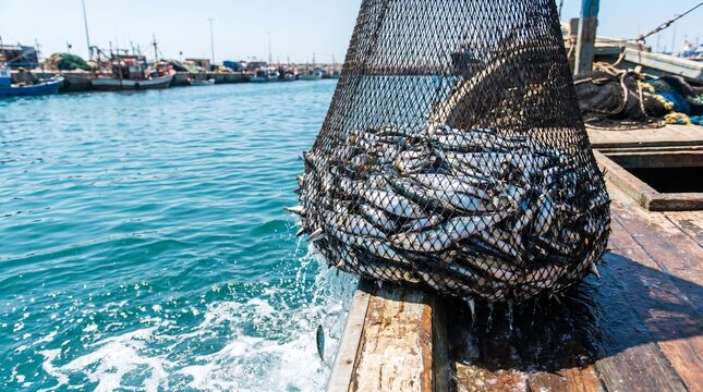 Fishing net overflowing with freshly caught shimmering fish emerging from deep blue water, commercial seafood harvest concept