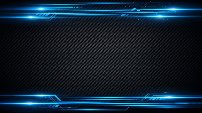 Abstract futuristic black carbon fiber texture background with horizontal blue neon light streaks