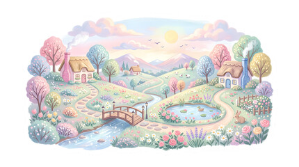 Naklejka premium idyllic village landscape with bridge and houses