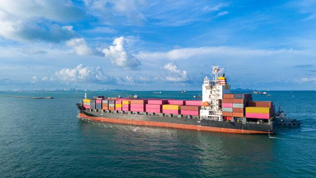 cargo container ship carrying container and running for export goods from cargo yard port to custom ocean concept smart freight shipping by ship , webinar banner. forwarder mast