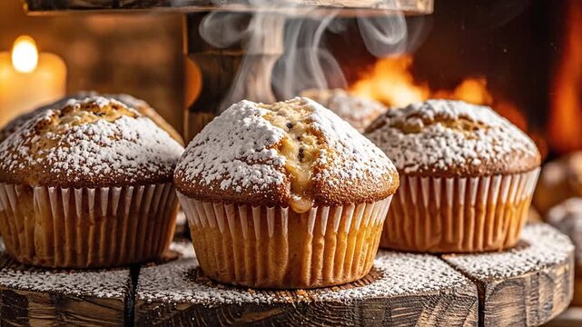Fresh steaming muffins dusted with powdered sugar.