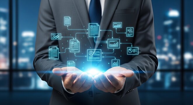 Businessman holding glowing digital business data icons