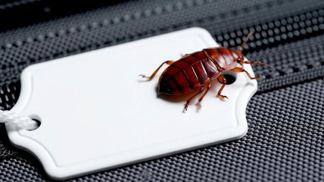 Close-Up View of A Bed Bug Crawling On A Plain Luggage Tag Against A Dark Background Highlighting Travel Health Risks
