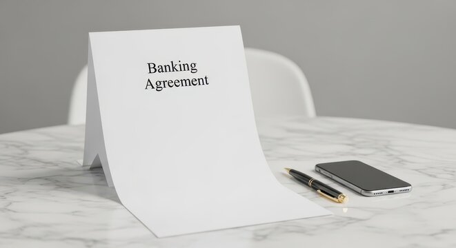 A blank banking agreement document with a pen and mobile phone on a marble desk, ready for signing
