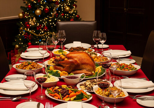 Festive christmas dining table with turkey, pies, and decorated plates