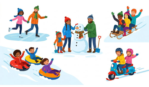 Snowy Winter Adventure Story Pack with Skating Sledding Tubing Snow Scooter and Snowman Activities Vector Illustration
