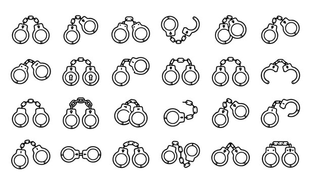 Handcuff Line Icon Set Collection Featuring Locked Open and Broken Steel Manacles for Police Crime Justice and Law Enforcement