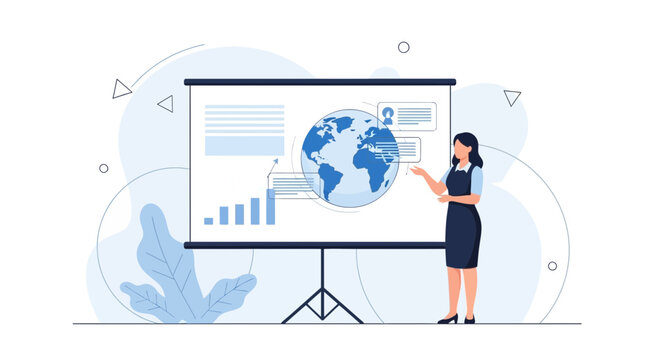 Business woman presenting global market trends on a projection screen with charts and planet Earth illustration.
