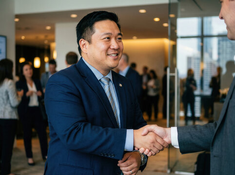 smiling asian businessman in a blue suit shaking hands with a colleague in a modern office lobby during a networking corporate event, smiling with a blurred background of people