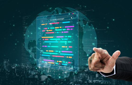 A professional hand interacts with a virtual coding assistant displaying colorful code on a screen. The background features a global theme, highlighting technology and innovation. Cyphers