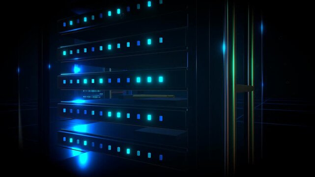 Cinematic macro pan sliding horizontally across illuminated data ports
