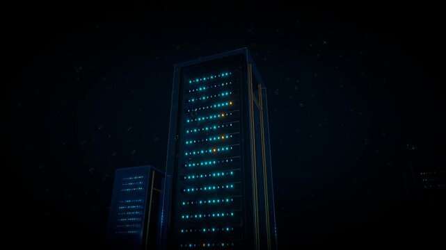 Cinematic tilt up ascending a towering server rack