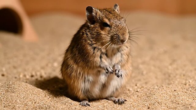 Cute Gerbil Standing Upright on Hind Legs in Soft Sandy Bedding, Playful Pet Nature Scene, Domestic Rodent Captured in Close-Up Action, Adorable Animal Behavior