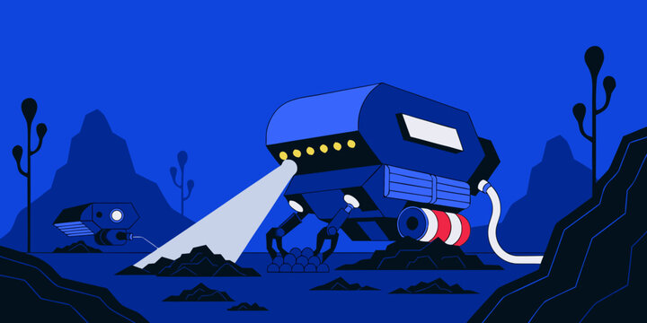 Deep sea mining vehicle exploring ocean floor with searchlight illuminating seabed in underwater extraction concept illustration