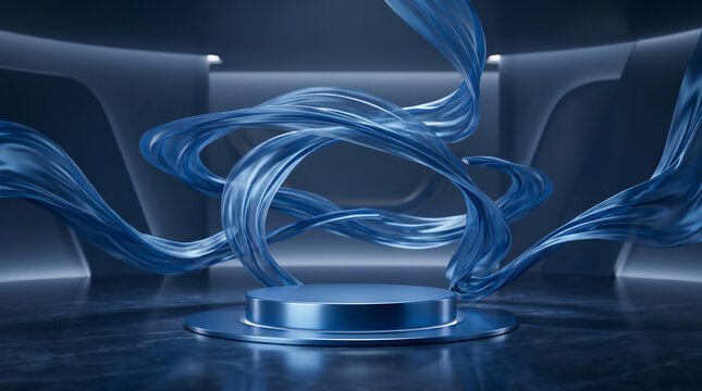 Futuristic metallic blue podium display stand surrounded by floating elegant satin ribbons