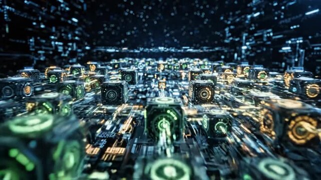 Futuristic quantum computer processor, digital data blocks and glowing circuit board, high-tech artificial intelligence server room background