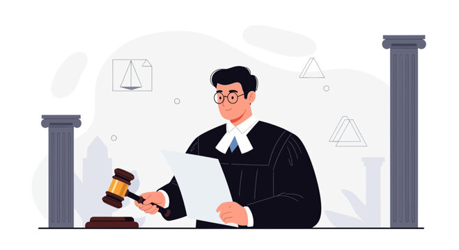 Judge with Gavel and Papers in Courtroom, Symbolizing Justice and Law.