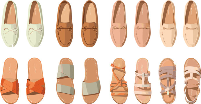 Top View Summer Footwear Collection with Casual Leather Loafers Flat Moccasins Strappy Sandals and Slip On Slides for Women Holiday Fashion Concepts