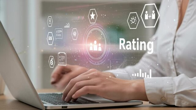 A video of a woman managing futuristic customer evaluation and rating data on her computer.