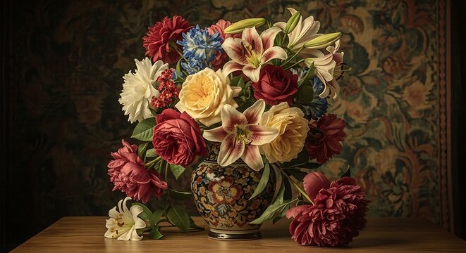 Elegant Mixed Flower Bouquet Arranged in Ornate Vase on Wooden Table