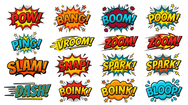 Flat design comic book sound effect sticker collection