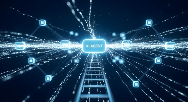 Digital network with AI agent text and glowing connections